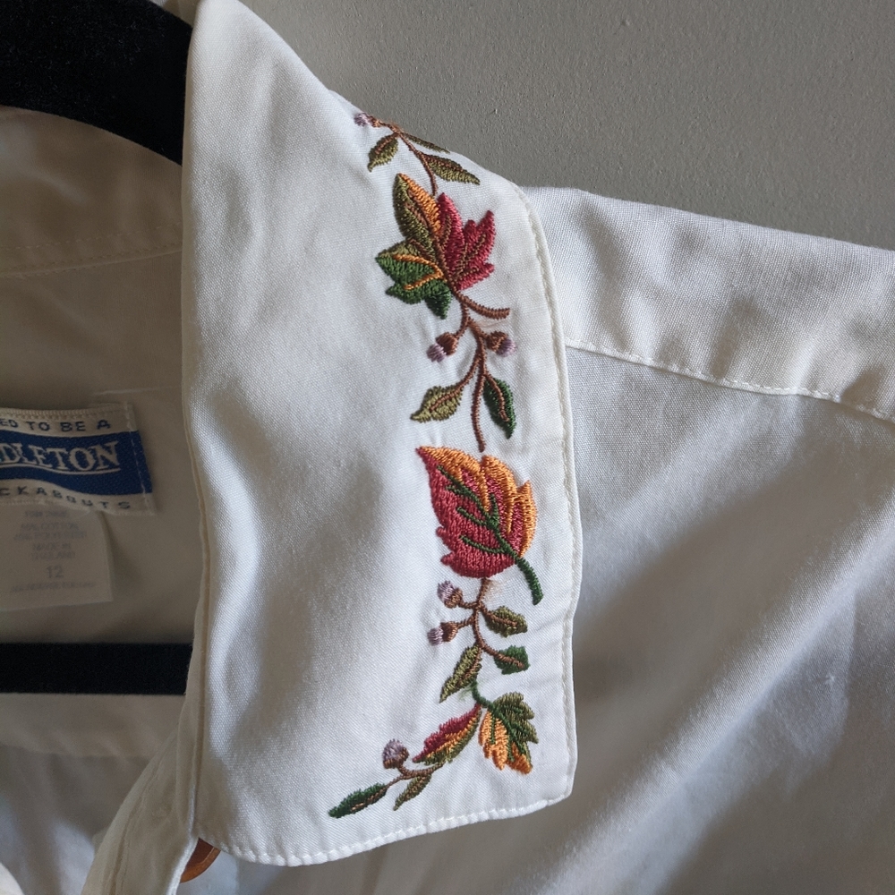 Cottagecore white button-down shirt embroidery
